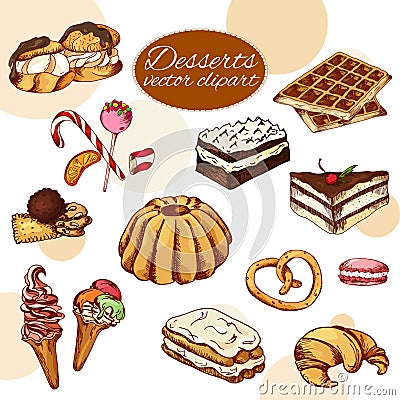 Vector desserts elements in hand drawn style. Delicious food. Art illustration. Sweet pastry for your design in cafe menu, poster Vector Illustration