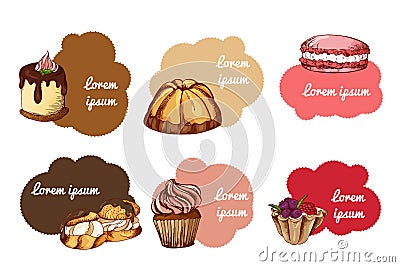 Vector desserts elements in hand drawn style. Delicious food. Art illustration. Sweet pastry for your design in cafe menu Vector Illustration