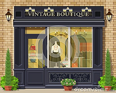 Vector detailed flat design vintage boutique facade. Cool graphic fashion shop exterior. Vector Illustration