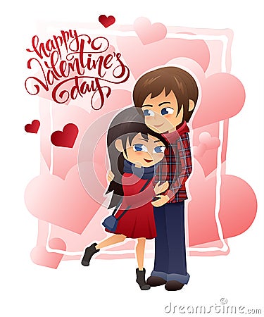 Vector detailed flat valentines day card with hugging couple and lettering on hearts background Vector Illustration
