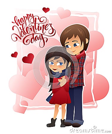 Vector detailed flat valentines day card with hugging couple and lettering on hearts background Vector Illustration