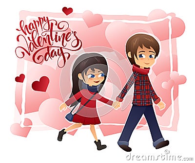 Vector detailed flat valentines day card with walking holding hands couple and lettering on hearts background Vector Illustration