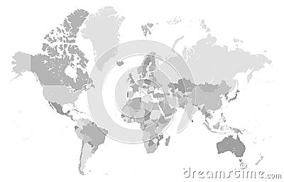 Vector detailed Mercator Grey World map Vector Illustration