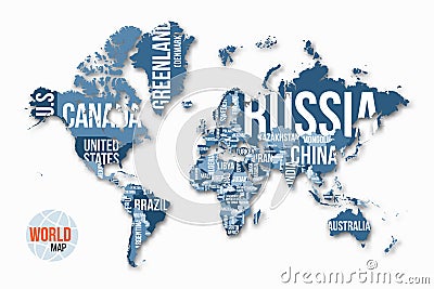 Vector detailed world map with borders and country names. Vector Illustration