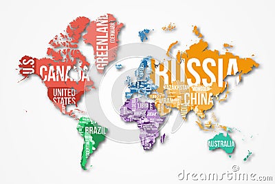 Vector detailed world map with borders and country names. Vector Illustration