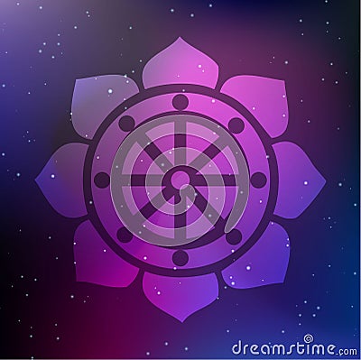 Vector Dharma Wheel in Lotus Flower on a Cosmic Background Vector Illustration