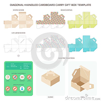 Vector diagonal handled carry cardboard gift box templates set Vector Illustration