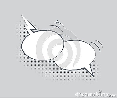 Vector dialog template. Two blank overlapping speech bubbles with halftone shadows on gray background. Vector Illustration