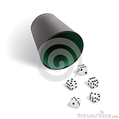 Vector dice gambling template. White cubes with dice cup on white background. Vector Illustration