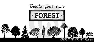 Vector different trees silhouettes. Create your own forest. Black woods icons set. Grove constructor. Vector Illustration