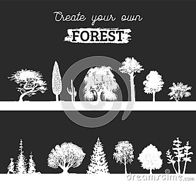 Vector different trees silhouettes. Create your own forest. Black woods icons set. Grove constructor. Vector Illustration