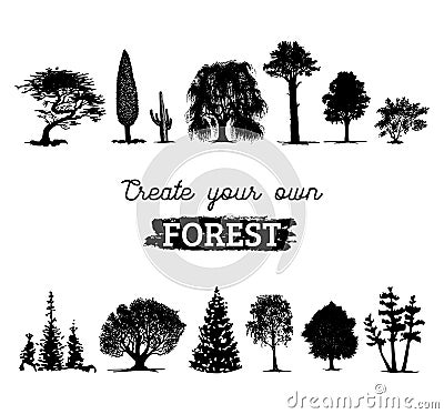 Vector different trees silhouettes. Create your own forest. Black woods icons set. Grove constructor. Vector Illustration