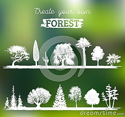 Vector different trees silhouettes. Create your own forest. Black woods icons set. Grove constructor. Vector Illustration