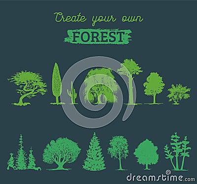 Vector different trees silhouettes. Create your own forest. Black woods icons set. Grove constructor. Vector Illustration