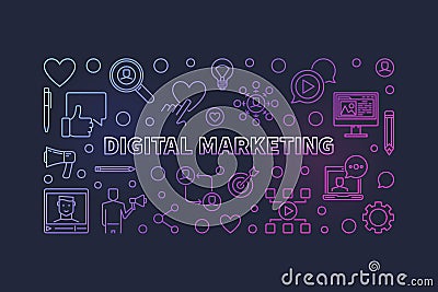 Vector Digital Marketing outline colorful horizontal banner Vector Illustration