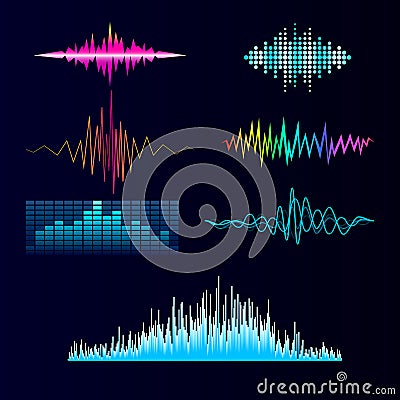 Vector digital music equalizer audio waves design template audio signal visualization signal illustration. Vector Illustration