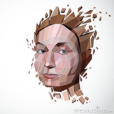 Vector dimensional low poly female portrait, graphic illustration of human head broken into fragments. 3d demolished object Vector Illustration