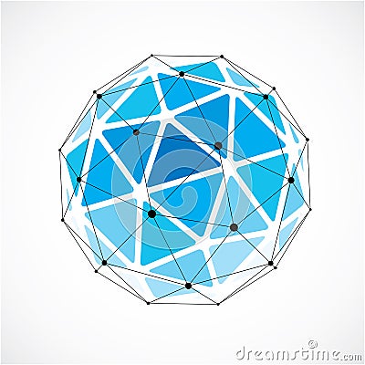 Vector dimensional wireframe low poly object, blue spherical shape with black grid. Technology 3d mesh element made using Vector Illustration