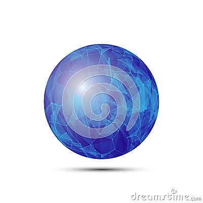 Vector dimensional wireframe low poly object, blue spherical shape with white grid. Vector Illustration