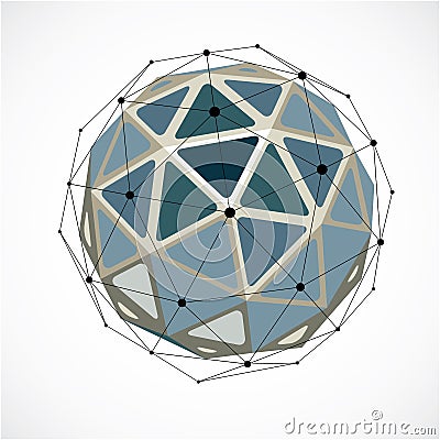 Vector dimensional wireframe low poly object, grayscale spherical shape with black grid. Technology 3d mesh element made using tr Vector Illustration