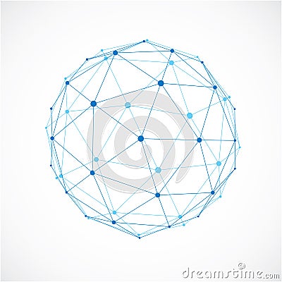 Vector dimensional wireframe low poly object, spherical blue facet shape with black grid. Technology 3d mesh element made using t Vector Illustration