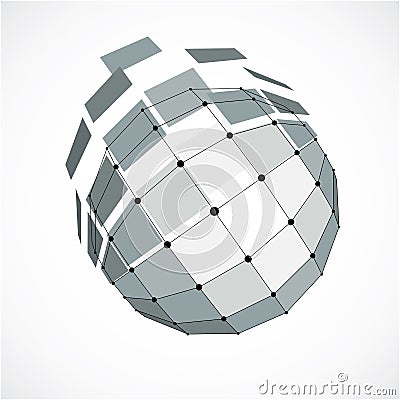 Vector dimensional wireframe low poly object, spherical gray facet shape with black grid. Technology 3d mesh element made using s Vector Illustration