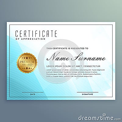 Vector diploma certificate design with blue modern shapes Vector Illustration