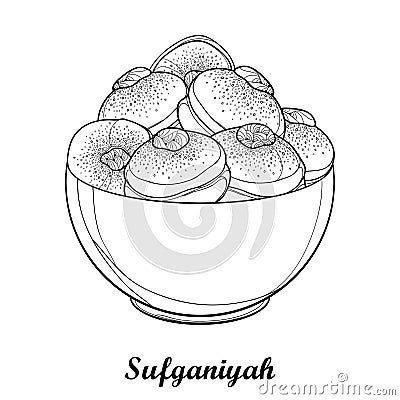 Vector dish with outline traditional Hanukkah sufganiyah or sufganiyot or doughnut in black isolated on white background. Vector Illustration