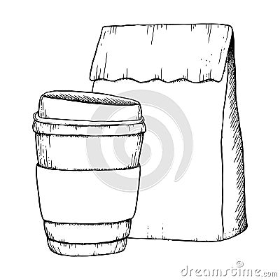 Vector disposable coffee cup and paper craft bag line black and white illustration for breakfast and coffee break design Cartoon Illustration