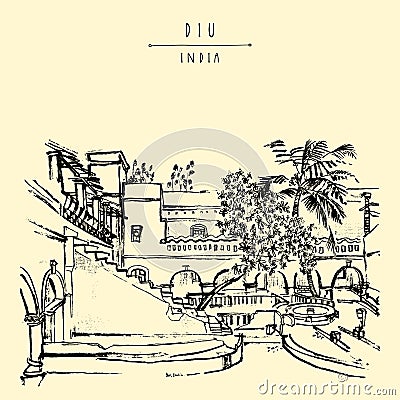 Vector Diu, India illustration. Hand drawn cityscape sketch. A beautiful yard with stairs in Diu town. Travel artistic sketch Vector Illustration