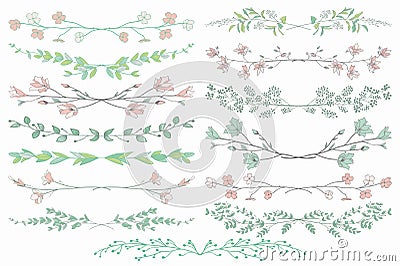 Vector Dividers with Branches, Plants and Flowers Vector Illustration