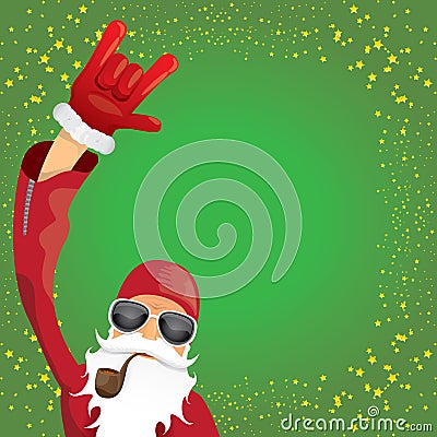 Vector DJ rock n roll santa claus with smoking pipe, santa beard and funky santa hat isolated on green christmas square Vector Illustration