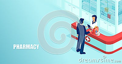 Vector of a pharmacist selling prescription drugs to a patient in drugstore Stock Photo