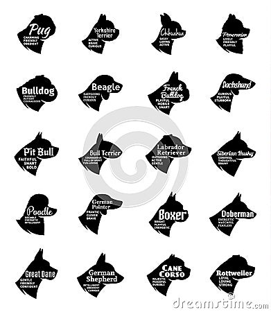 Vector dog icons collection on white. Dogs breeds names Vector Illustration