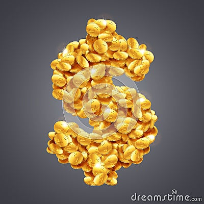 Vector dollar sign made of huge amount of coins. Vector Illustration