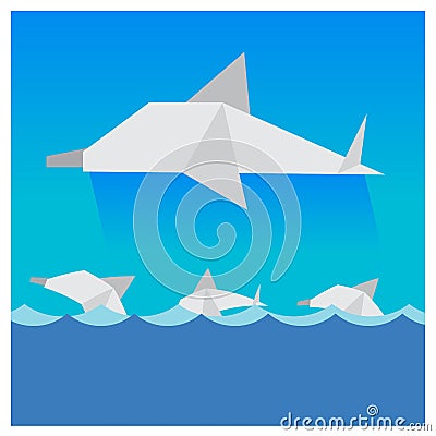 Vector dolphins Beautiful blue sky multicolored waves Vector Illustration