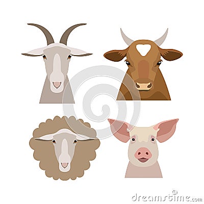 Vector domestic, farm animals head collection in flat, cartoon style Vector Illustration