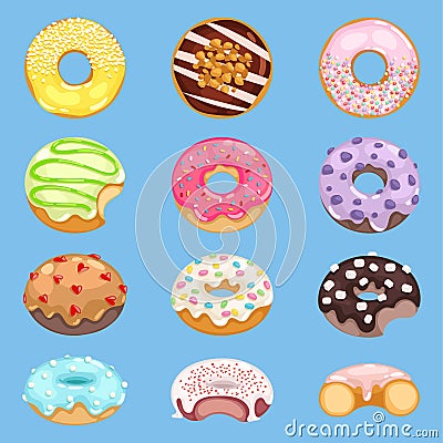 Vector donut food and glazed sweet dessert with sugar or chocolate in bakery illustration doughnut set of colorful Vector Illustration