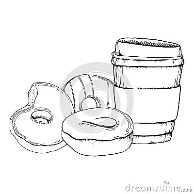 Vector donuts with glaze and coffee to go cup black and white graphic illustration. Delicious round doughnuts Vector Illustration