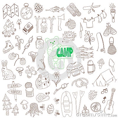 Vector doodle camping elements set Vector Illustration