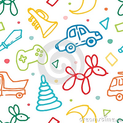 seamless pattern of children's toys multicolored contour. a pattern of doodles drawn in the style of a prefix, a train Vector Illustration