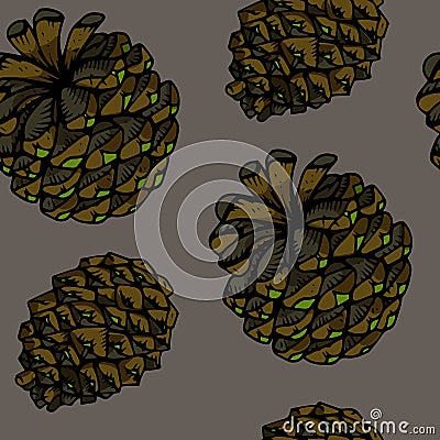 Vector doodle cone illustration seamless pattern in brown and green colours isolated on grey background Vector Illustration