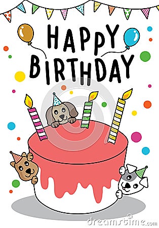 Vector doodle Cute cat and dog with cake for Happy Birthday card, have space for text Vector Illustration