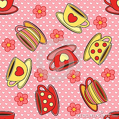 Vector doodle cute cups. Seamless pattern for gift wrapping, congratulations, wedding invitations and Valentine`s Day Vector Illustration