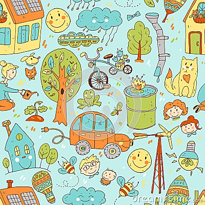 Vector doodle cute seamless pattern of ecology and family. Natur Vector Illustration