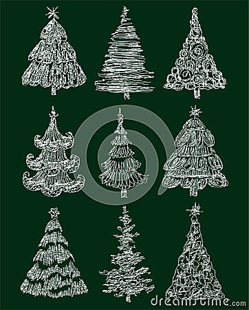 Vector doodle drawings of set various abstract decorative christmas trees Vector Illustration