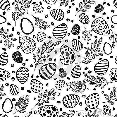 Vector doodle Easter seamless pattern. Black white watercolor, ink illustration of easter eggs and leaves Vector Illustration