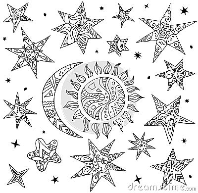 Vector doodle elements of the night sky. Stars, sun and moon. Vector Illustration