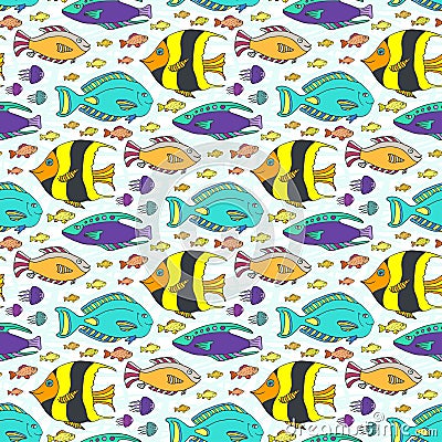 Vector doodle fishes pattern. Hand drawn marine seamless texture. Vector Illustration