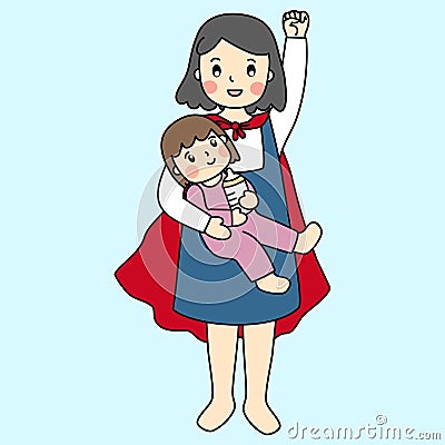 Vector of doodle flat design cartoon character mommy hold her daughter in her arms kids love her superhero mother, the red cover Vector Illustration